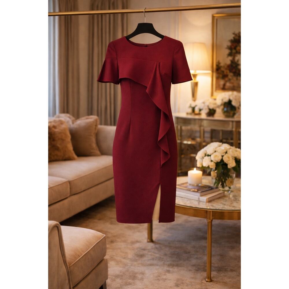 Black Halo Jensen Dress Sz 8 Belladonna Red Ruffle Sheath Midi NWT Business